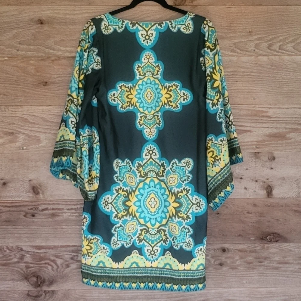 Uncle Frank Green Printed Dress Kimono Sleeves Size Small - Picture 2 of 5